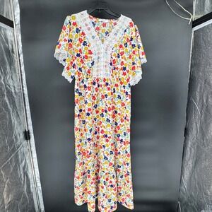 Anany Women Floral Maxi Dress XL Multicolor Lace Trim Boho Tiered Flutter Sleeve